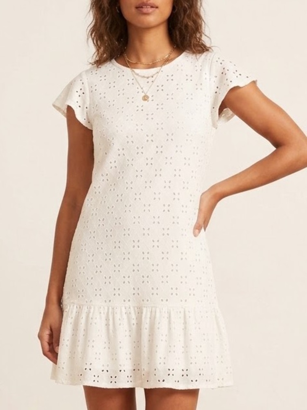 Olivia Rae White Eyelet Shift Dress Small Mini Ruffle Hem Cottagecore Coquette